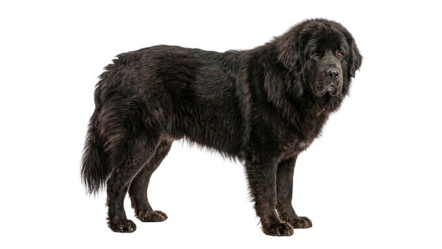 Large fluffy black Tibetan Mastiff dog standing proudly on side view isolated on transparent background