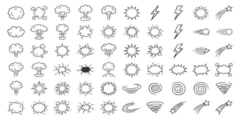 Set of hand drawn comic book explosion effect icons and doodle elements for action scenes and fast motion © ZenVectors