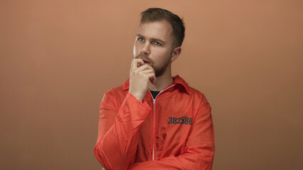 Obraz premium Man prisoner in orange jumpsuit touching chin with hand, visible inmate number in studio peach backdrop; thoughtful reflection.