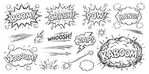 Set of hand drawn comic book style explosion sound effects with speech bubbles and action lines for design © ZenVectors