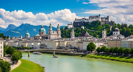 Fototapeta premium Stunning panoramic view of Salzburg Austria with Hohensalzburg Fortress and Salzach river