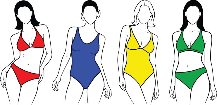 Collection of diverse female figures in colorful swimwear flat vector illustration for fashion and summer concepts