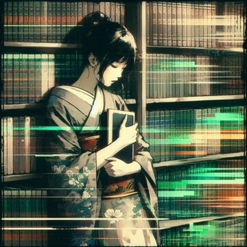 書庫で本を読む和装女性のノスタルジックなイラスト