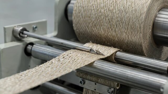 Medium shot capturing the automated process of cutting and rolling reinforced filament gummed paper tape emphasizing the durable fibers and machine precision in packaging