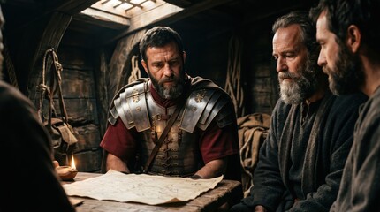 Fototapeta premium Roman centurion and ancient travelers sitting in ship cabin at wooden table studying paper map. Biblical scene depicting Acts of Apostles navigation meeting. Historical sea voyage journey.