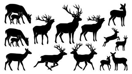 Fototapeta premium Wildlife deer silhouette collection featuring forest stags with large antlers grazing does and family fawns vector illustration set