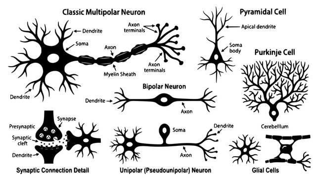 Neuron types and anatomy infographic set featuring multipolar bipolar unipolar brain cells and synaptic connection vector diagram