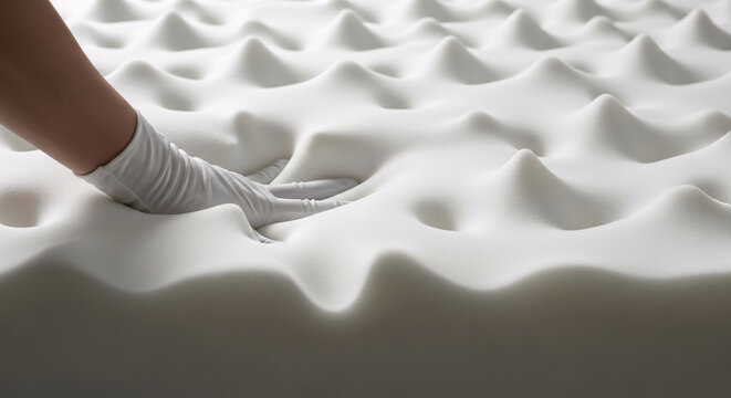 A hand wearing a white glove pressing into the soft, textured surface of a white memory foam mattress or topper, highlighting comfort and support