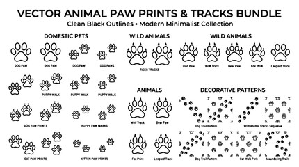 Animal paw prints and tracks vector bundle featuring domestic pets wild wildlife footprints and decorative outline patterns collection © MdSabbir