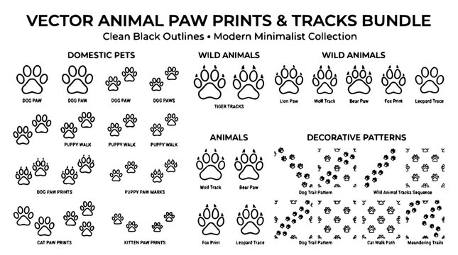 Animal paw prints and tracks vector bundle featuring domestic pets wild wildlife footprints and decorative outline patterns collection