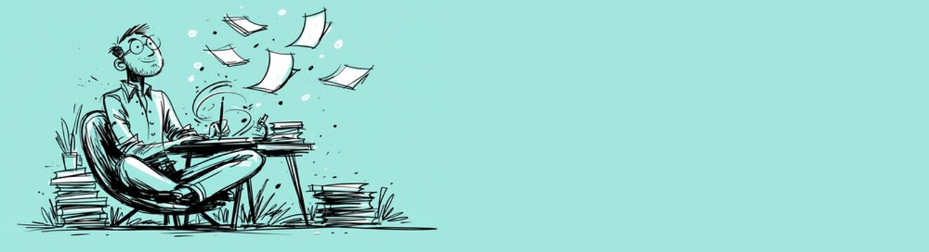 Creative Writer Working at Desk with Flying Papers Sketch Banner