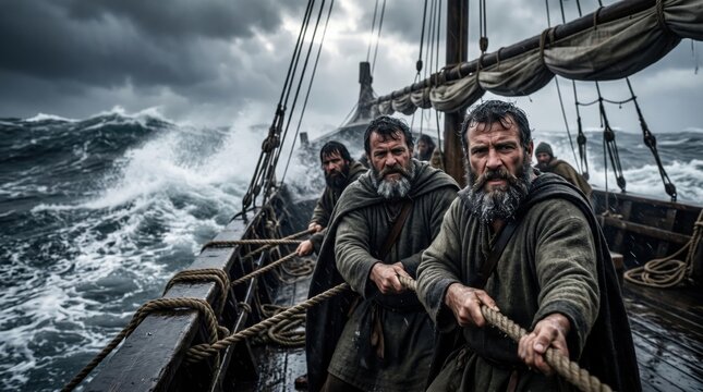 Men pulling rope on a wooden ship in a violent storm at sea. Sailors battling waves during a shipwreck. Biblical scene depicting Paul on a boat during a hurricane. Faith and survival concept.