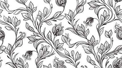 Fototapeta premium Seamless Black and White Vintage Floral Pattern with Elegant Tulip Bud Vines