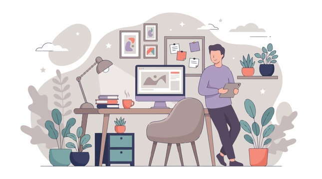 Modern home office workspace vector illustration, creative freelancer working at desk with computer, cozy remote work environment with plants