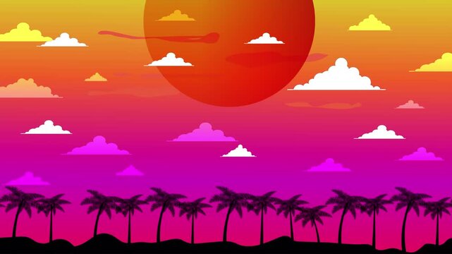 Coconut Palm Tree Silhouette on the Left Side with Orange and Red Layered Clouds Across a Warm Tropical Sunset Sky and Large Sun in the Background