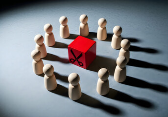 Obraz premium Wooden figures standing in a circle around red cube with scissors on it