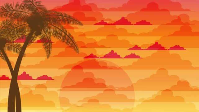 Coconut Palm Tree Silhouette on the Left Side with Orange and Red Layered Clouds Across a Warm Tropical Sunset Sky and Large Sun in the Background