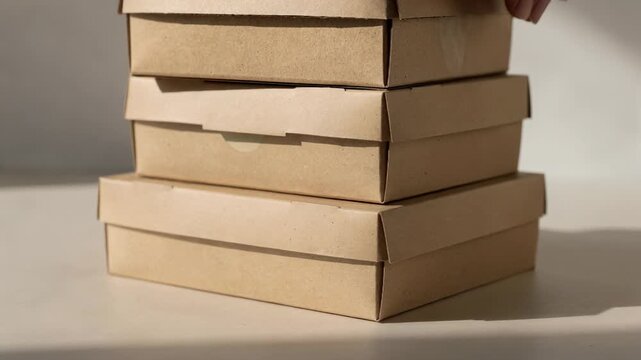 Medium shot featuring plain kraft pastry boxes stacked focusing on minimalist and sustainable packaging for fresh bakery goods.