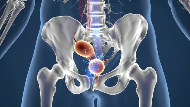 3D Medical Visualization Of Enlarged Prostate Within Male Pelvis Anatomy With Bladder Highlighted For Educational Purpose