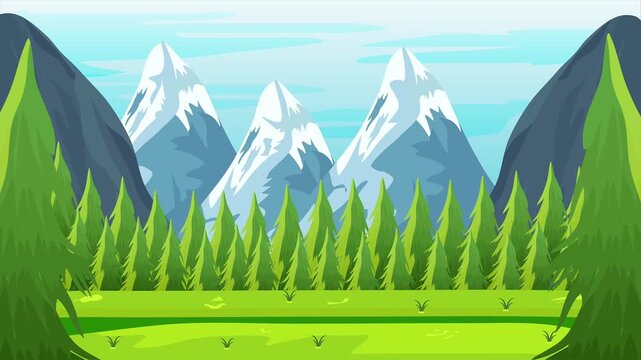 bright green pine trees along the foreground with towering dark blue mountains on both sides and snow covered light blue peaks in the center beneath a clear pale blue sky
