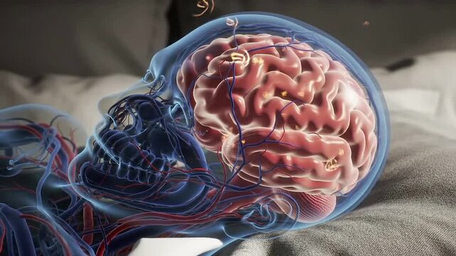 3D Render Showing The Impact Of Sleep Deprivation On Human Brain Structure With Vascular Overlay