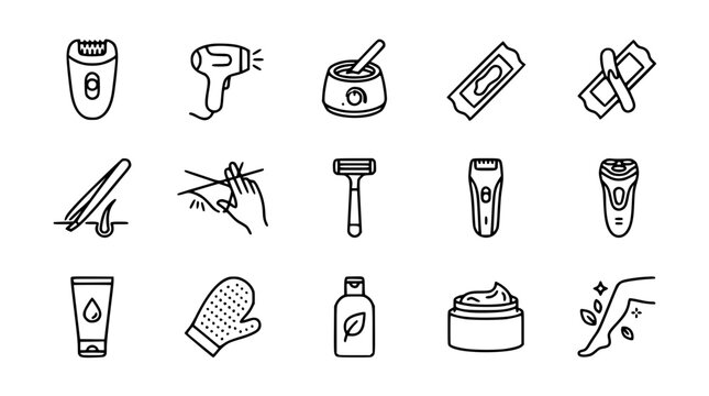 Hair removal and depilation linear icon set featuring epilator laser waxing razor tweezers cream isolated vector outline illustration