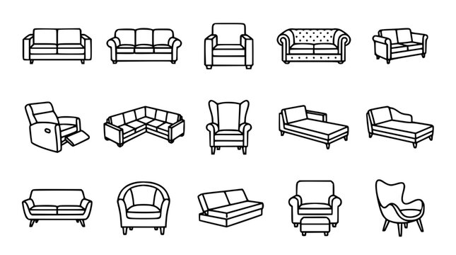 Sofa and armchair furniture linear icon set featuring couch recliner sectional chaise lounge isolated outline vector illustration