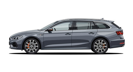 Fototapeta premium Modern Grey Station Wagon Car, Side View, White Background