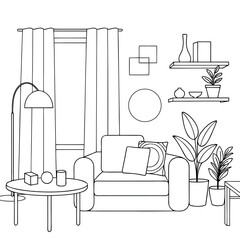 Fototapeta premium Modern Living Room Design Coloring Book Page