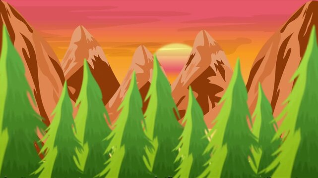 lush green pine trees in the foreground with layered brown rocky mountains in the background beneath a vibrant orange and pink sunset sky and glowing sun