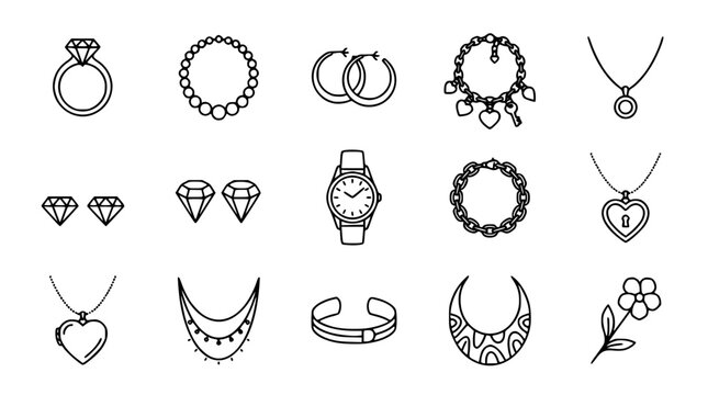 Minimalist jewelry line art icons vector set featuring rings necklaces earrings bracelets luxury watches and diamond fashion accessories