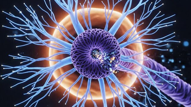 3D Rendering of Optic Nerve Demonstrating Glaucoma Concepts with Detailed Neuronal Structures in Vivid Blue and Purple Against a Dark Background