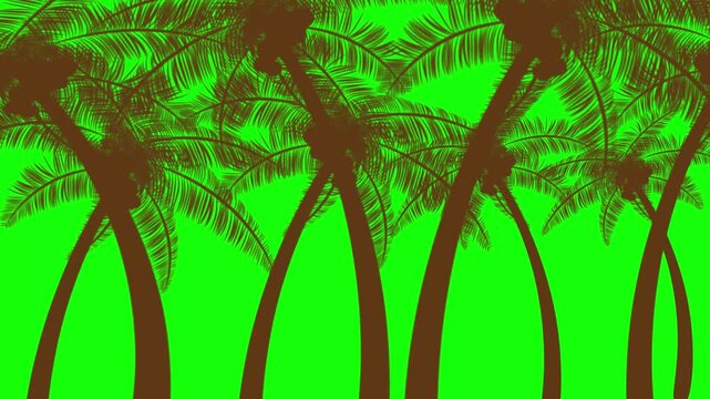 Brown Silhouette Coconut Palm Trees with Curved Trunks Filling the Foreground and Upper Frame Against a Bright Neon Green Tropical Background