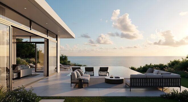 Modern luxury villa terrace with infinity pool overlooking the ocean at golden hour