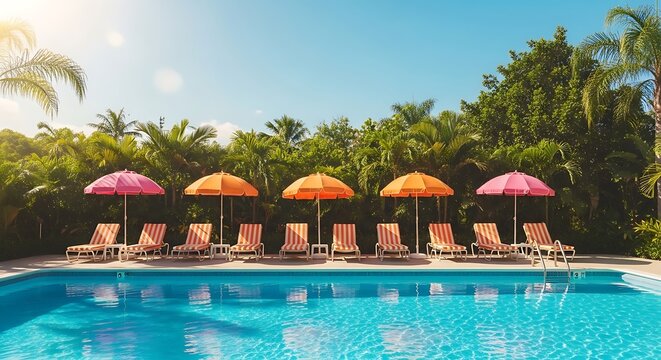 A serene poolside lounge area with colorful umbrellas and sun loungers at a resort