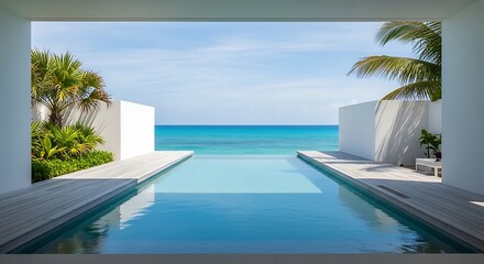 Fototapeta premium Minimalist luxury pool deck with infinity view overlooking the bright turquoise tropical ocean