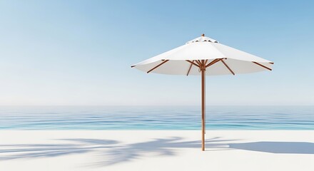 Fototapeta premium Minimalist beach umbrella casting palm shadow on pristine white sand against clear blue sea