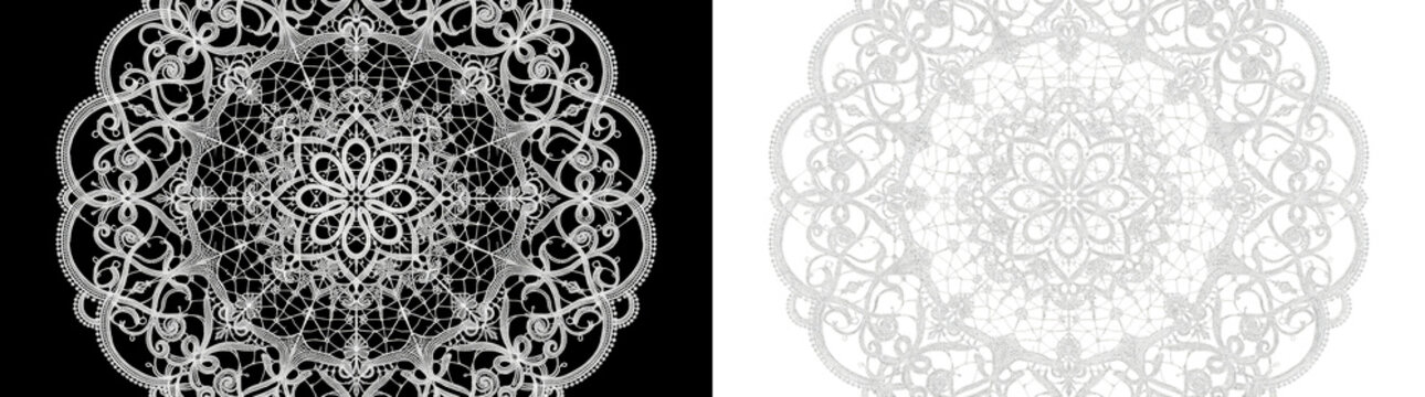 Intricate white lace mandala doily artwork isolated on png background for project