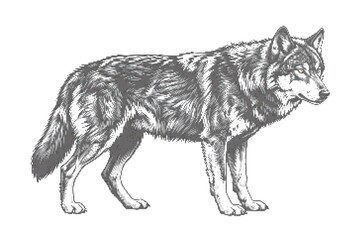 Detailed illustration of a standing wolf in a neutral background © AKHI