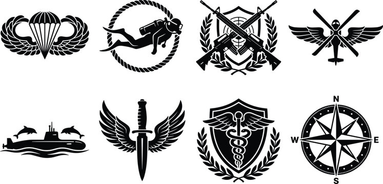 Military and special forces insignia set featuring paratrooper wings, scuba diver, crossed rifles shield, aviation propeller, submarine, winged dagger, medical caduceus, and tactical compass