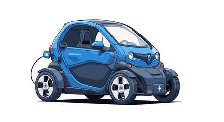 Fototapeta premium Small blue electric car connected to charging station, urban mobility concept