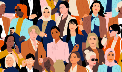 Obraz premium Female leadership and business diversity seamless pattern. Group of professional corporate businesswomen.