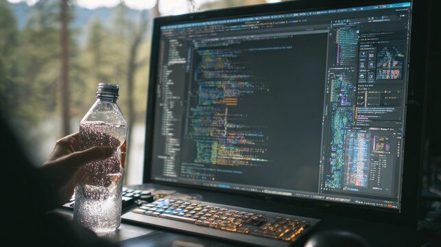 Coder working with laptop and water bottle