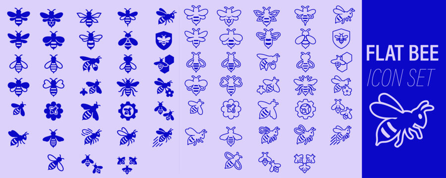 Flat bee icon set with honey bee, pollinator insect and apiculture symbols in monochrome blue style