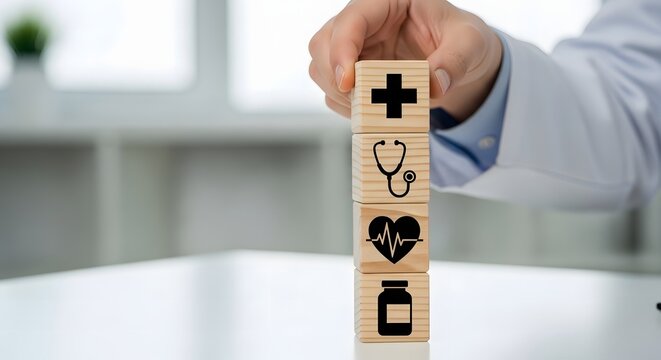 Healthcare concept wooden blocks stacked with medical icons