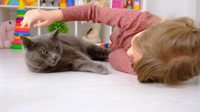 A child plays with a cat at home. Selective focus.