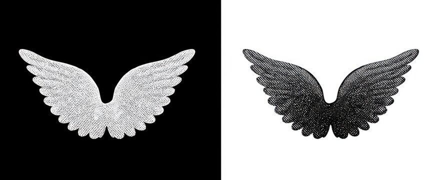 Stylish halftone photocopy stipple effect grunge collage feathered wings with textured grainy dots, white on black background and inverted on white backdrop. Contemporary vintage artwork