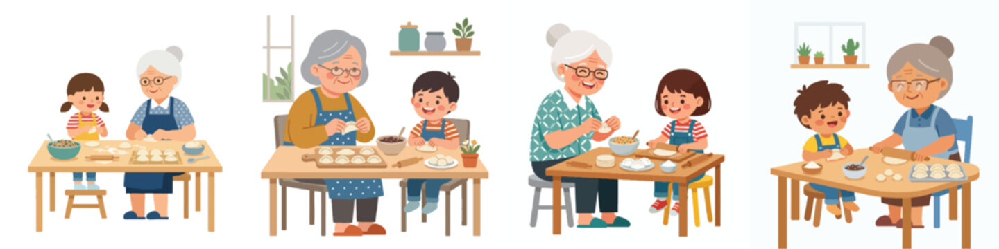 A minimalist flat design of a grandmother and a young child making dumplings at a kitchen table. Warm smiles, clear facial features, no outlines, clean compositions, white background.