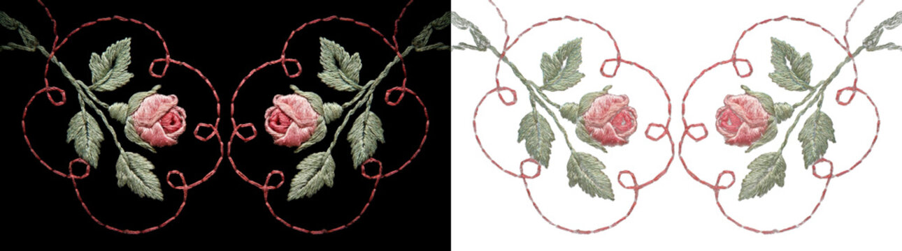 Embroidered rose flower motif with scrolling red decorative lines on png background