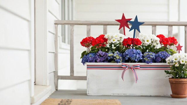 Patriotic flower planter decorated with red white and blue blooms sits on a residential porch for holiday festivities.
